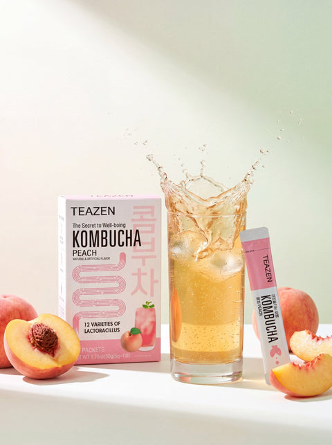 TEAZEN Kombucha Pêche : stick instantané sans sucre et verre de kombucha pétillant aux pêches fraîches