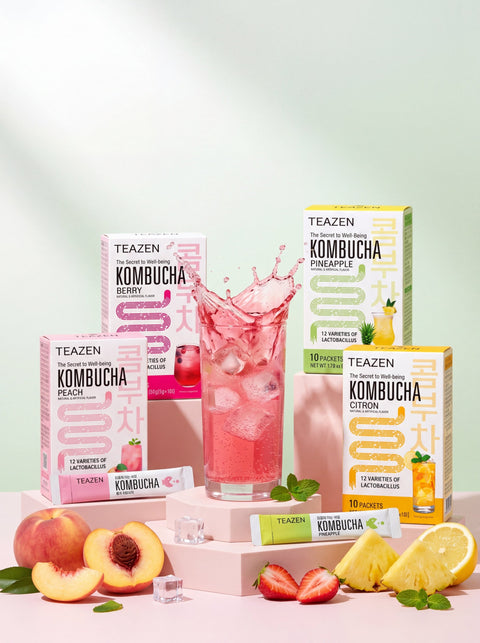 Packs TEAZEN : kombucha en sticks sans sucre, saveurs Pêche, Berry, Ananas et Citron avec verre pétillant et fruits frais