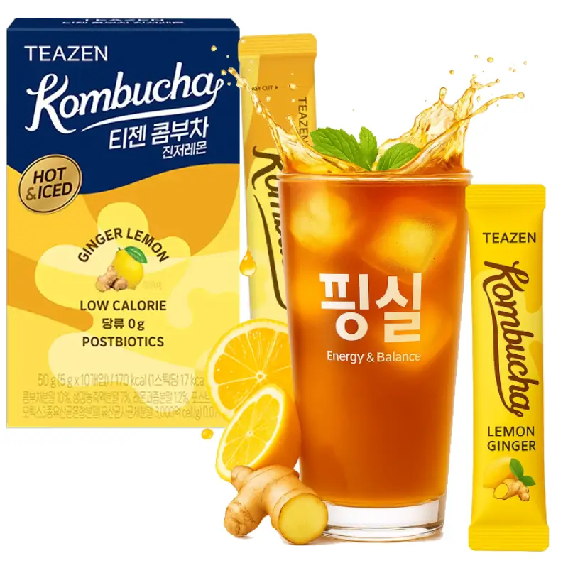 [TZ-KOGLM] TEAZEN Lemon Ginger Kombucha Tea - Live Probiotics and Postbiotics- Relaxing and Warming for Colds and Sore Throats - Hydration Drink Mix, Sugar-Free - 10 Sticks