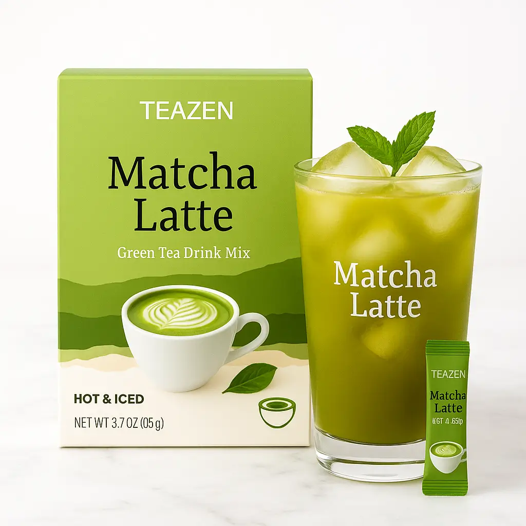 TEAZEN Matcha Latte – Hot & Iced Green Tea Drink Mix – Café-Style Latte – Smooth, Creamy & Refreshing – 7 Sticks